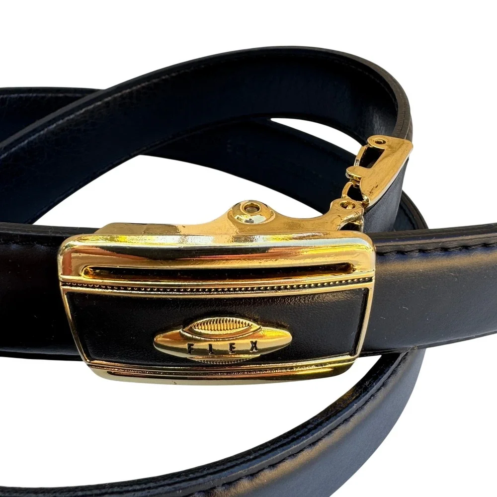 Flex Black Genuine Leather Belt Gold Button Lever‎ Buckle Made in USA Pat 097596